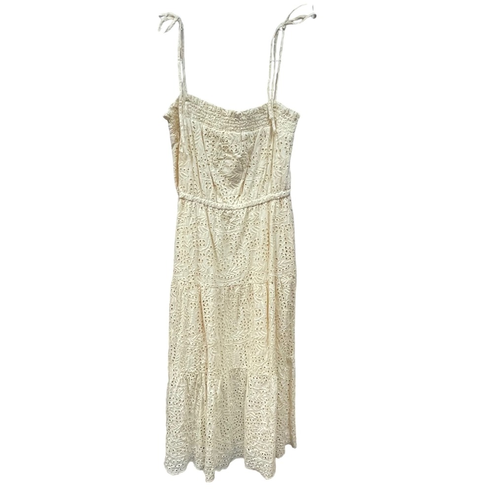 LOST + WANDER Cream‎ Eyelet Tiered Midi Dress Strappy Smocked Waist Size L